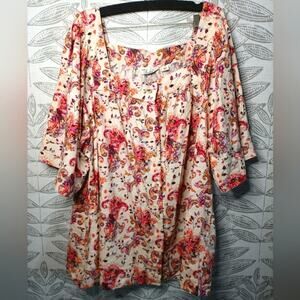 Caffe Marrakesh Blouse Square Neck Button Front Linen Blend Floral Paisley